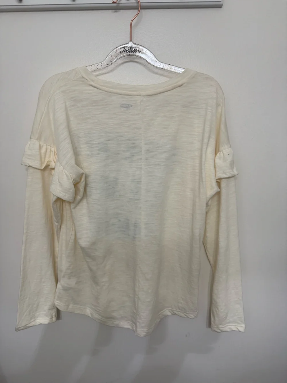 Old Navy Cream Long-Sleeve Tee with Black Text and Gold Stars